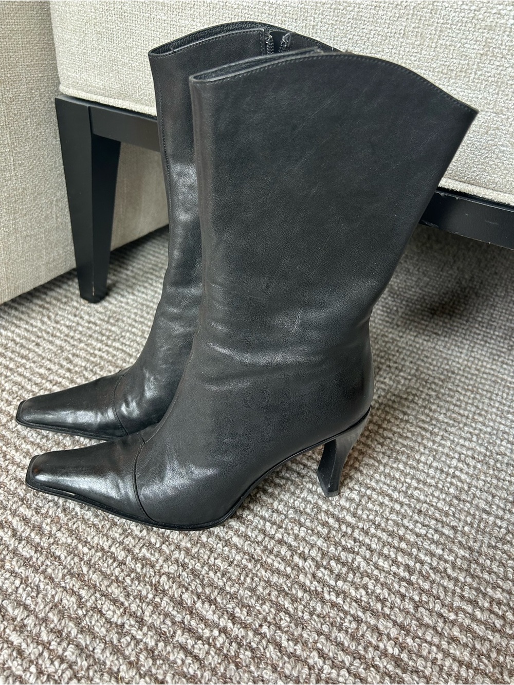Jeffrey Campbell Sweet Talker Snip Toe Black Pointed Toe Mid-Calf Heeled Boots